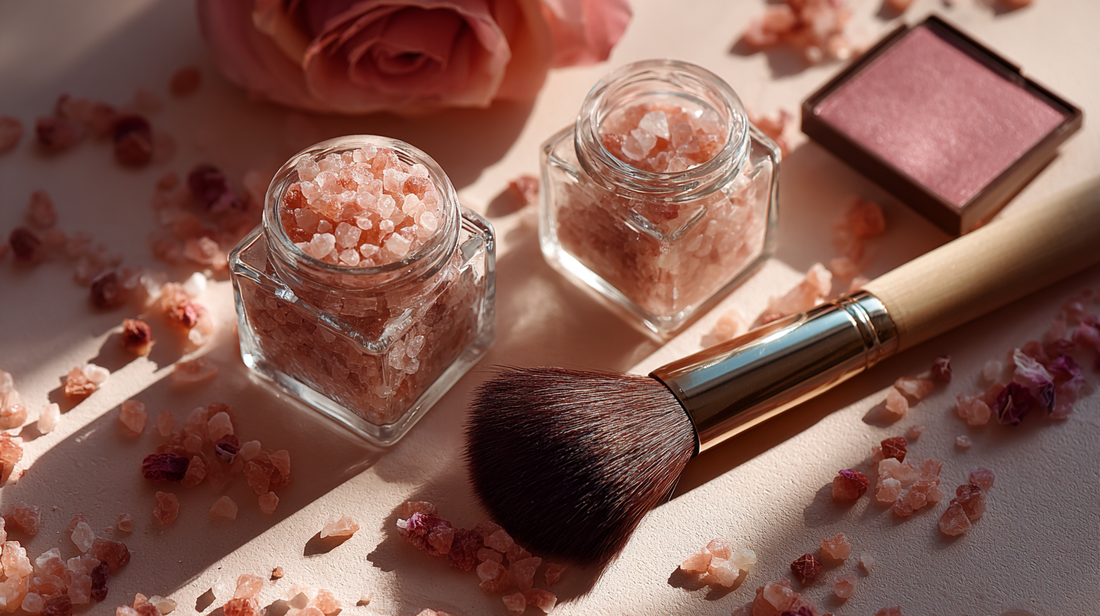 Luxury bath salts in glass jars with rose petals beside a blush compact and makeup brush, beauty flatlay for Fall 2025 skincare and makeup