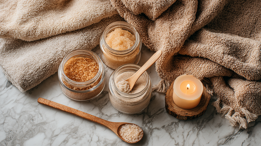 Natural body scrubs in glass jars with wooden spoon, beige towels, and lit candle on marble surface, relaxing skincare and exfoliation flat lay