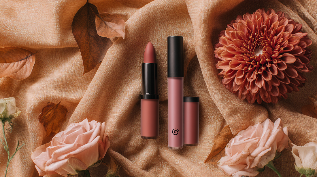 Lip gloss tube and lipstick in soft pink shades on autumn fabric with roses and flowers, flatlay for Fall 2025 lip makeup