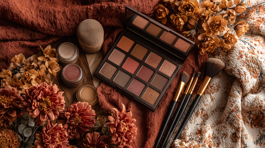 Eyeshadow palette with autumn tones beside makeup brushes and cream pots on seasonal fabric, flatlay for Fall 2025 beauty guide