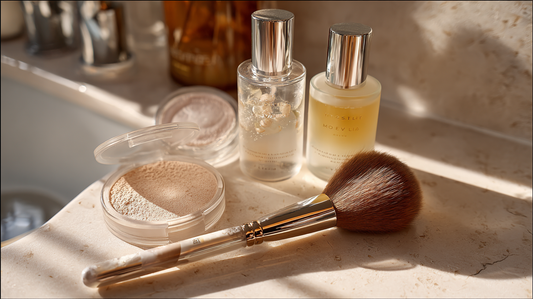 Translucent setting powder compact with makeup brush beside scalp treatment serums on marble surface, flatlay for Fall 2025 beauty balance