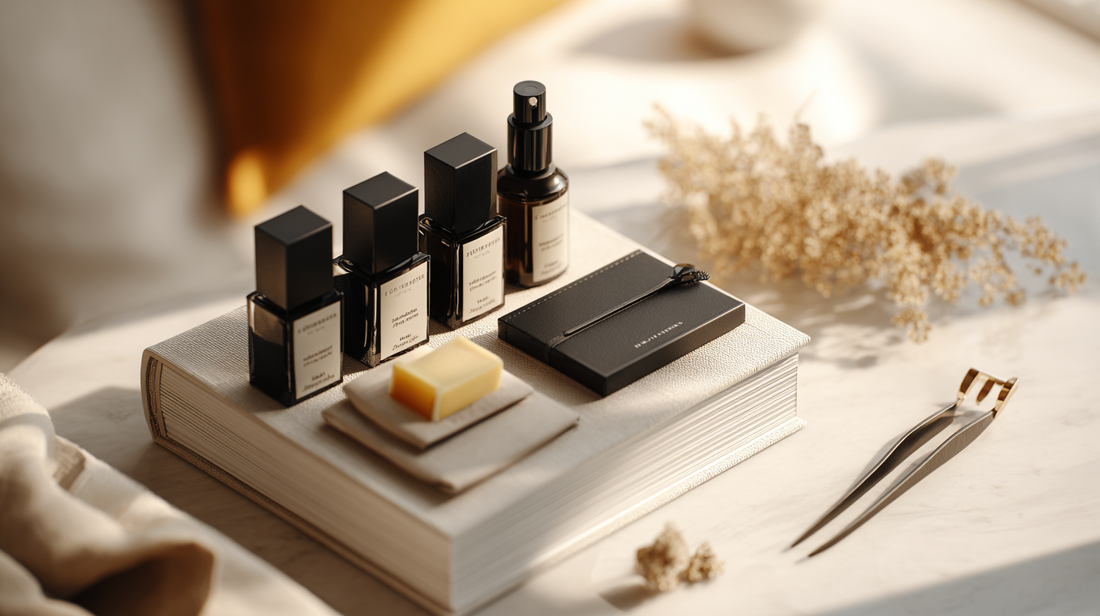 Compact travel beauty kit bottles with precision tweezers on a book, flatlay for Fall 2025 on-the-go grooming