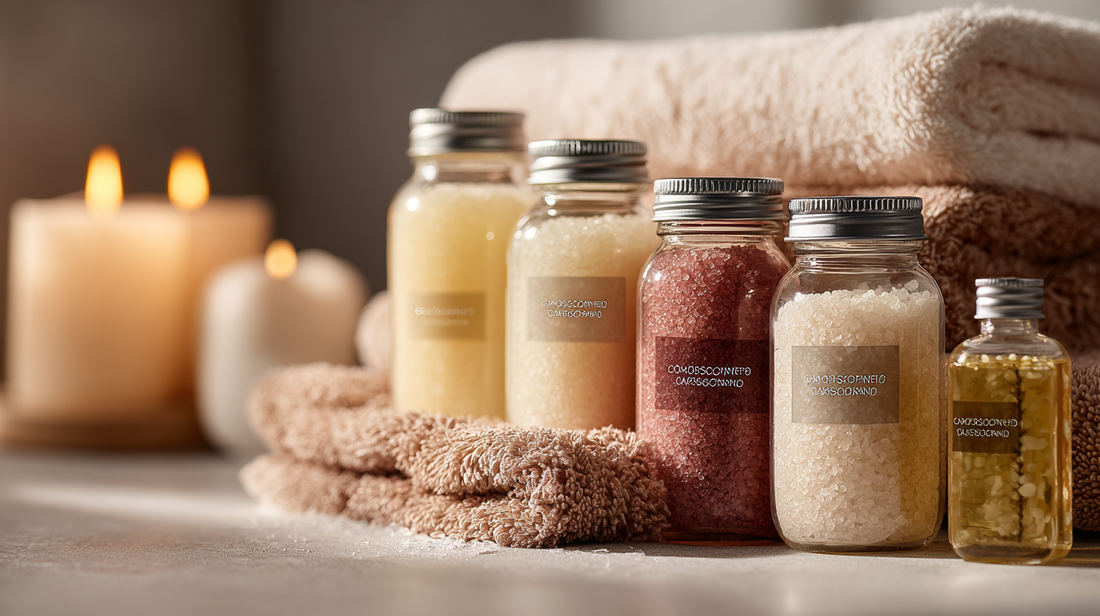 Glass jars of colorful body scrubs and nourishing oils on towels beside candles, flatlay for Fall 2025 self-care rituals