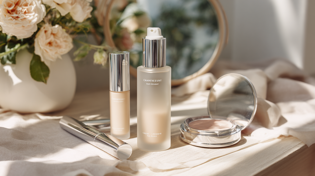 Frosted glass cleanser bottle with concealer tubes and compact on vanity table, flatlay for Fall 2025 skincare and makeup
