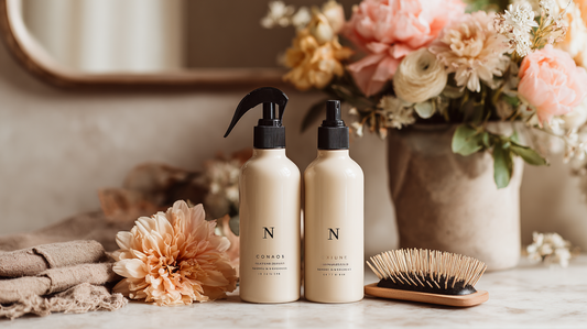 Conditioner and dry shampoo bottles with hairbrush and flowers on vanity, flatlay for Fall 2025 haircare