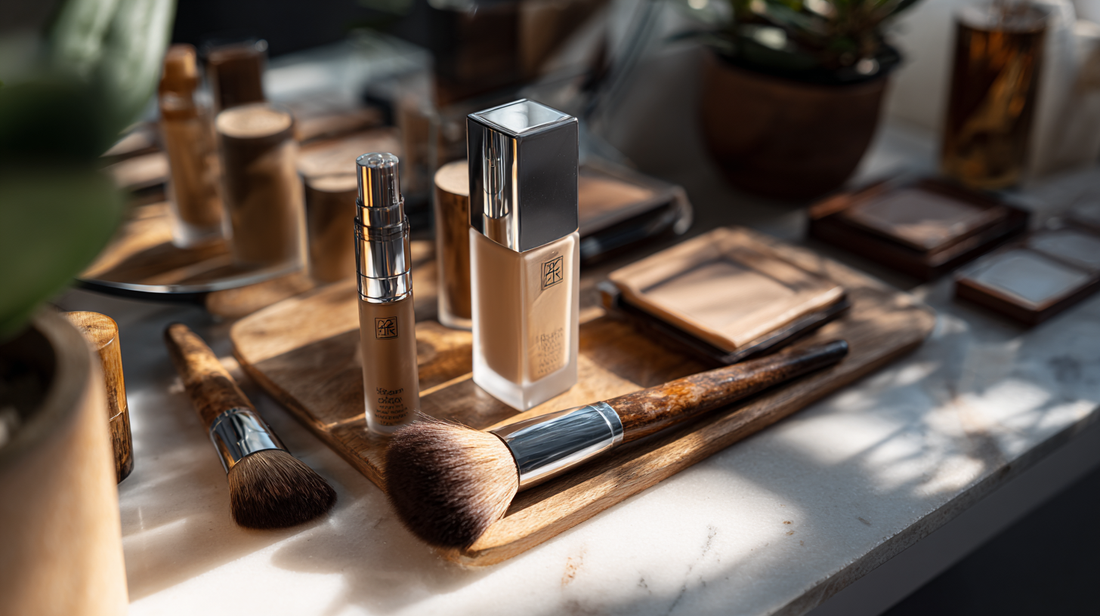 Foundation bottles and compacts with professional makeup brushes on wooden tray, flatlay for Fall 2025 beauty essentials