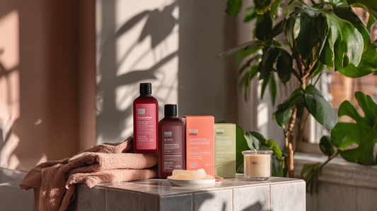 Hair care shampoo bottles with vibrant hair color boxes and candle on tiled counter, flatlay for Fall 2025 haircare trends