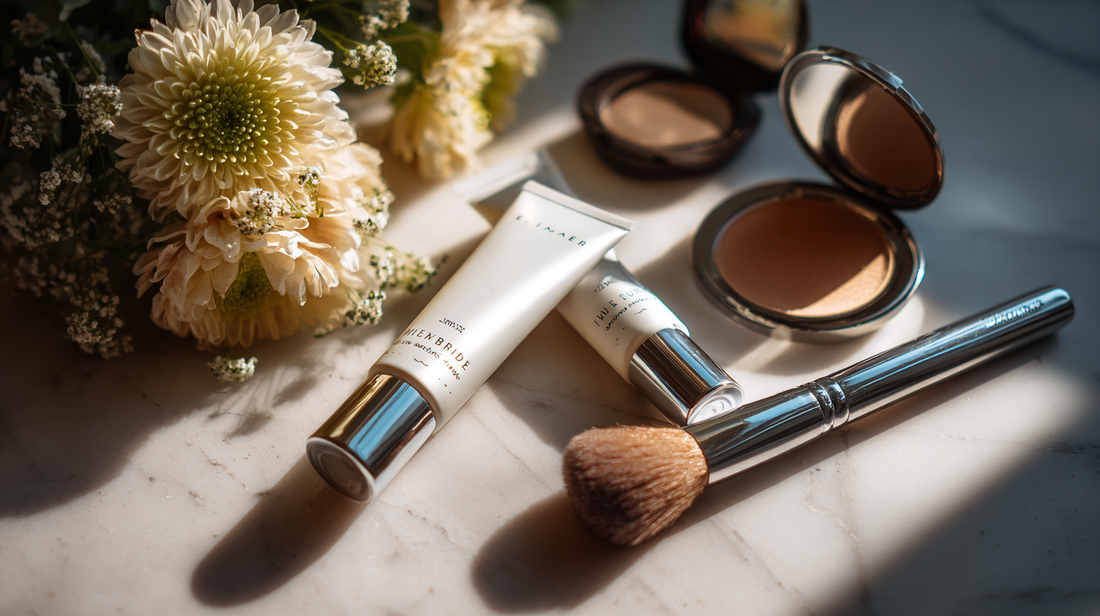 Hydrating hand cream tubes with radiant highlighter compacts and makeup brush on vanity, flatlay for Fall 2025 beauty care