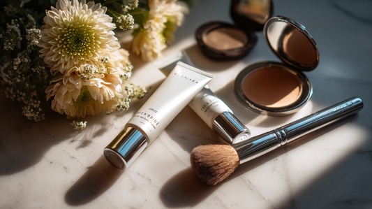 Hydrating hand cream tubes with radiant highlighter compacts and makeup brush on vanity, flatlay for Fall 2025 beauty care