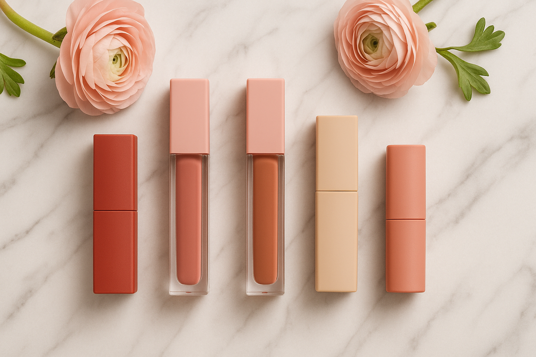 Lip gloss tubes and lipstick cases in soft nude and pink tones with flowers on marble surface, flatlay for Fall 2025 lip makeup