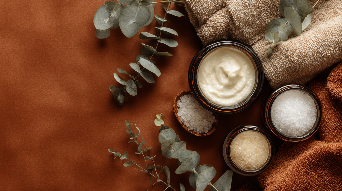 Moisturizing body cream and exfoliating scrubs in open jars with eucalyptus leaves and towels, spa-inspired flatlay for Fall 2025 skincare