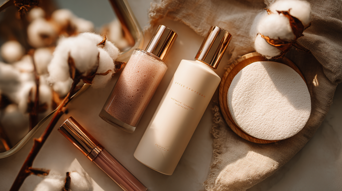 Elegant cleansers in bottles with concealer tubes beside cotton pads, autumn-toned flatlay for Fall 2025 skincare and makeup