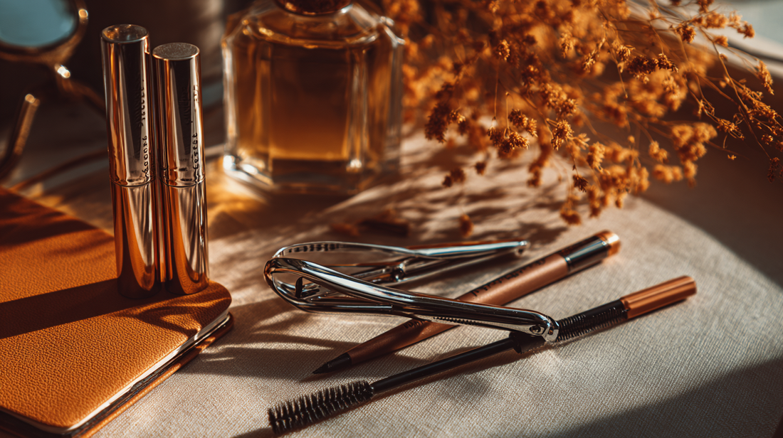 Eyelash curlers with liquid and pencil eyeliners on a vanity, autumn-toned flatlay for Fall 2025 eye makeup