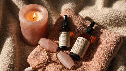 Rose quartz face roller with dropper bottles of facial oils on towels beside a glowing candle, autumn flatlay for Fall 2025 skincare rituals