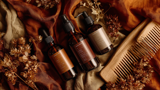 Hair care bottles with autumn-themed labels beside a wooden comb on warm fabric, flatlay for Fall 2025 haircare and color trends