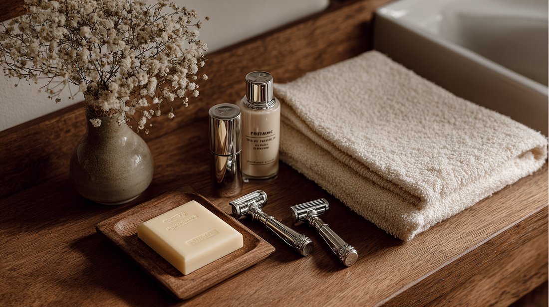 Shaving essentials set with safety razors, natural soap, skincare bottles, and folded towel on wooden bathroom counter with dried flowers, minimalist grooming flat lay