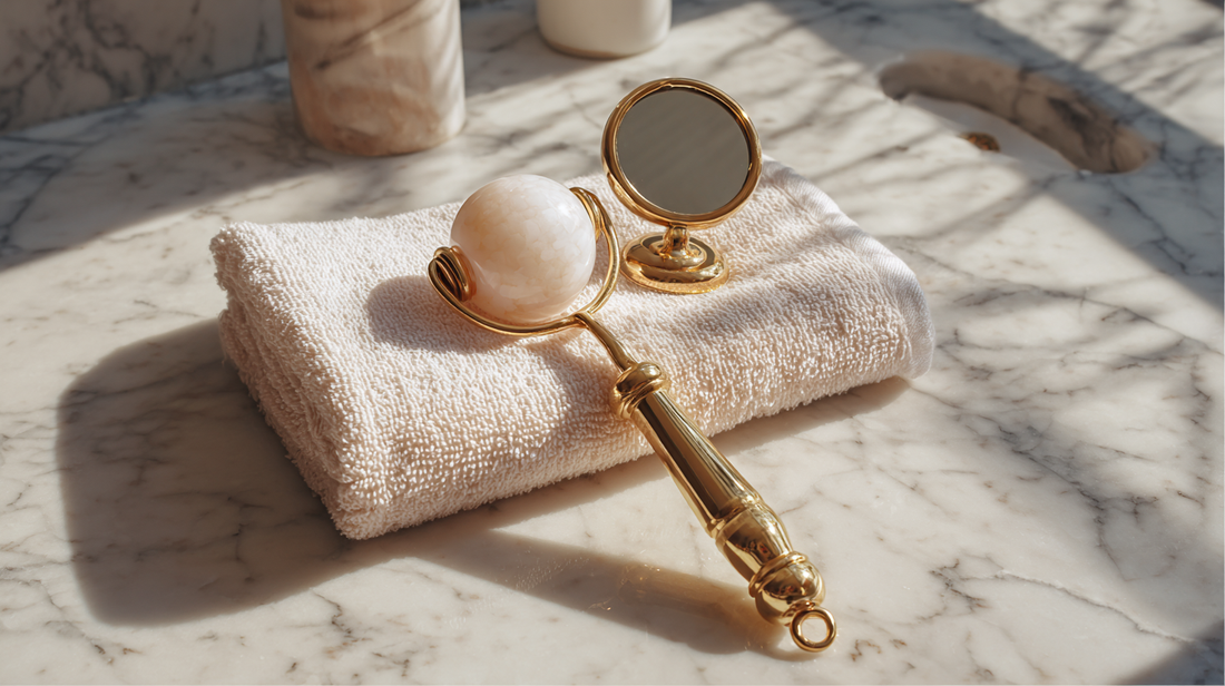 Luxury face roller with gold handle placed on a folded towel beside a small round mirror on marble countertop, elegant skincare and beauty tool flat lay