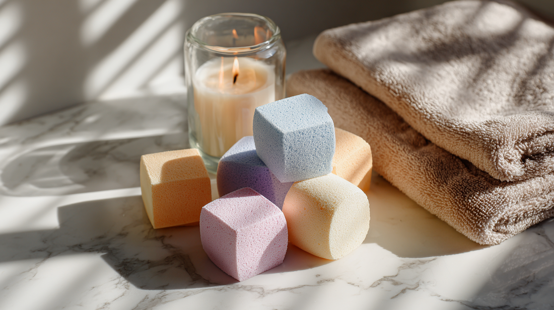 Colorful cube bath sponges arranged on marble counter with burning candle and folded towels, relaxing beauty and skincare flat lay