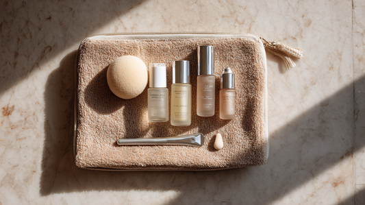 Beige travel beauty kit with skincare mini bottles, makeup sponge, and silver tweezer arranged neatly on marble surface, portable skincare essentials flat lay