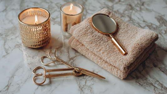 Gold beauty tools with small mirror and tweezers placed on folded beige towels beside lit candles on marble surface, elegant skincare and grooming flat lay