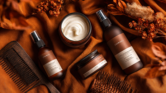 Hair mask jar with creamy texture and styling hair spray bottles on autumn fabric with wooden combs, flatlay for Fall 2025 haircare