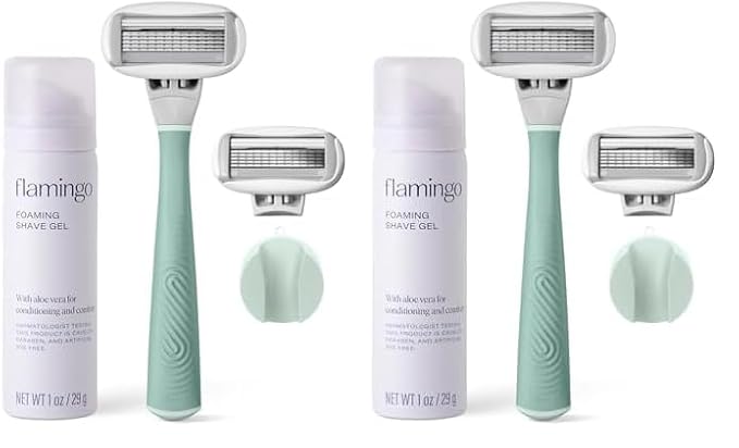 FLAMINGO 5-Blade Razors for Women - 1 Razor Handle + 1oz Foaming Shave Gel + 1 Shower Holder - Sage (Pack of 2)