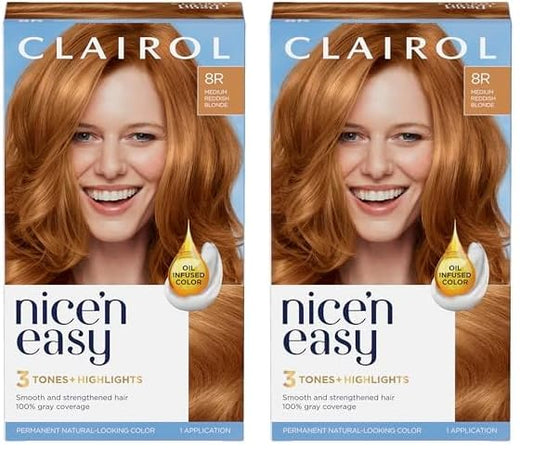 Clairol Nice'n Easy Permanent Hair Dye, 8R Medium Reddish Blonde Hair Color, Pack of 2