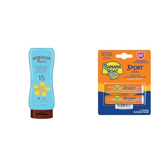 Hawaiian Tropic and Banana Boat Sunscreen Bundle with SPF 15 Lotion and SPF 50 Lip Balm Twin Pack