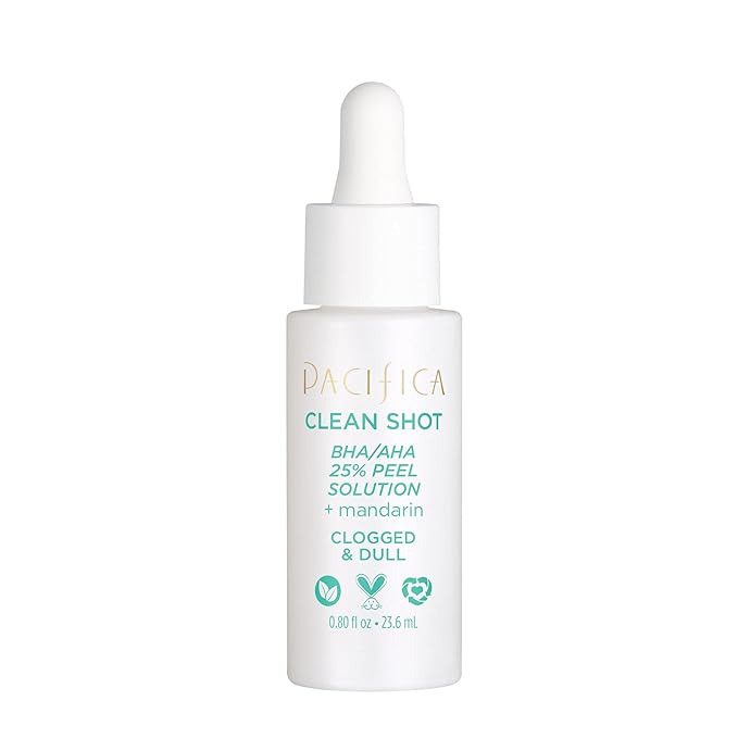 Face Serum by Pacifica - Clean Shot AHA-BHA 25% Peel Solution with Glycolic & Salicylic Acid – Exfoliating Facial Peel with Willow Bark, Turmeric & Vegan Lactic Acid, Vegan & Cruelty-Free, 0.8 oz