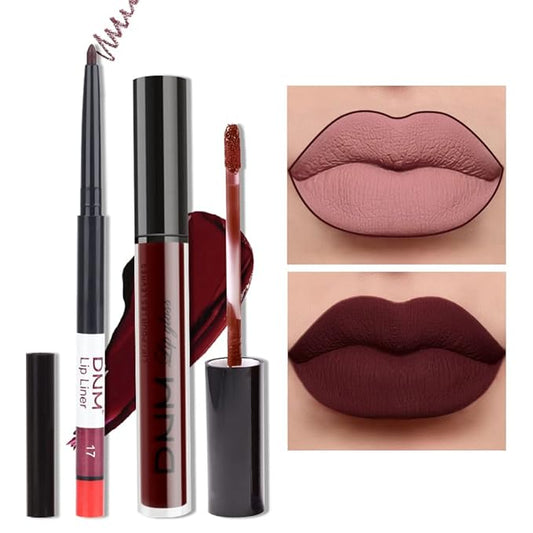 evpct 2Pcs Dark Deep Red Maroon Matte Lipstick and Lip Liner Makeup Set for Women Dark Blood Red Liquid Matte Brown Lipstick Lip Liner Stain long lasting waterproof Permanent Lipsticks 24 hours 17#