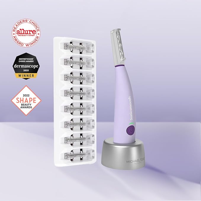 Michael Todd Beauty Sonicsmooth Dermaplane Razor for Women Face + Eyebrow trimmer Dermaplaning System - Peach Fuzz Remover - 8 Weeks of Dermaplaning Blades