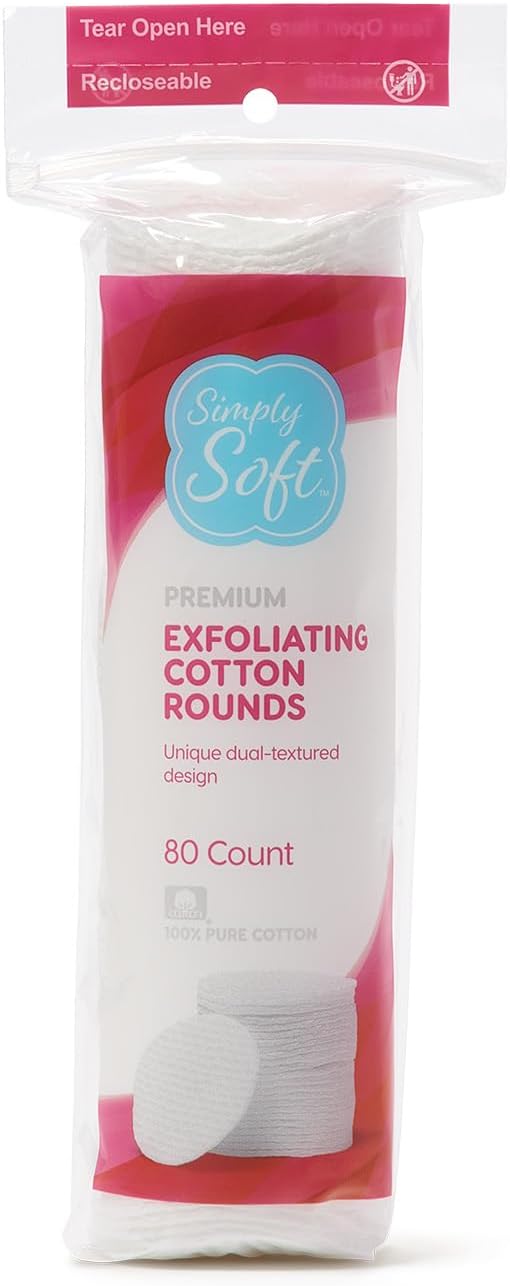 Simply Soft Hypoallergenic Exfoliating Dual Textured Cotton Rounds Pads, 80 Count (Pack of 6)