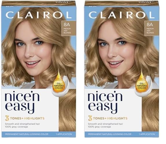 Clairol Nice'n Easy Permanent Hair Dye, 8A Medium Ash Blonde Hair Color, Pack of 2