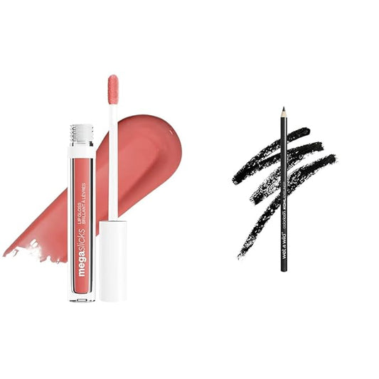 wet n wild Mega Slicks Lip Gloss & Color Icon Eyeliner Pencil Bundle - Long Lasting Gloss with Hyaluronic Acid & Smooth Creamy Black Eyeliner