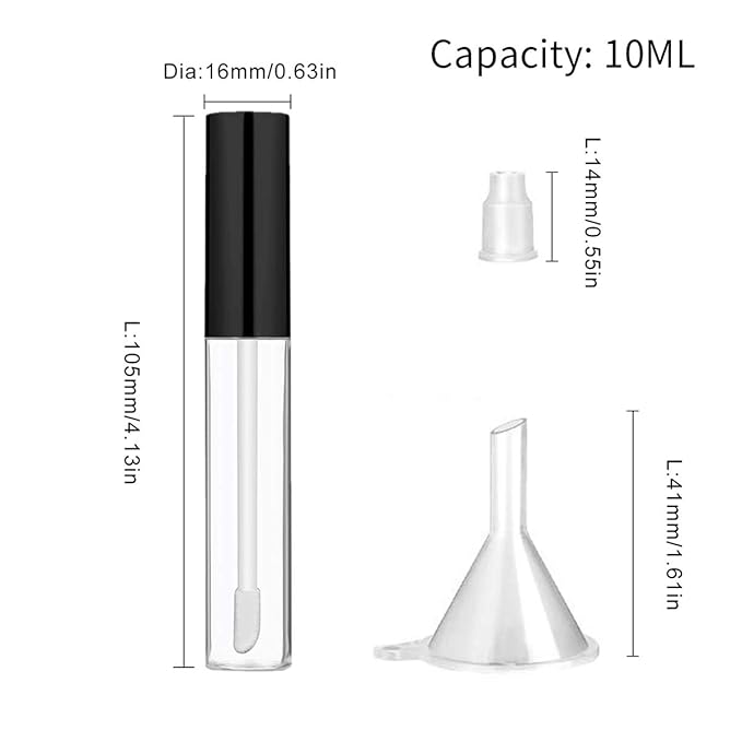 GTHER 10PCS 10ML Empty Lip Gloss Containers Tube with Wand, Refillable Lip Balm Bottles, Lipstick Sample Container and Funnel and Rubber Stoppers for Girls DIY Lip Samples, Black Top