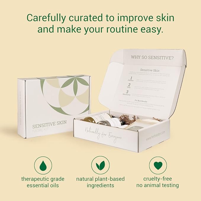Herb’N Eden - Sensitive Skin Facial Kit - Cleanse, Mask, Tone, & Moisturize - Natural Ingredients & Essential Oils - Made in USA - 5 Product Set includes Wash, Toner, Serum, Mask, Sisal