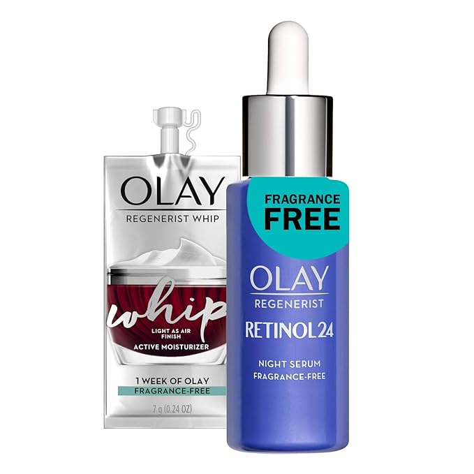Olay Regenerist Retinol Face Serum, Retinol 24 Night Face Serum, 1.3oz + Whip Face Moisturizer Travel/Trial Size Gift Set