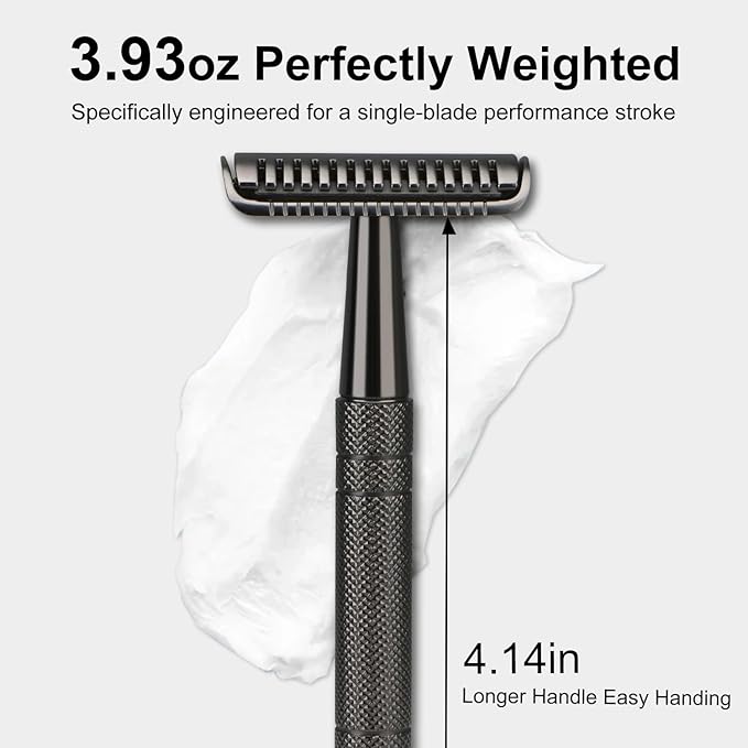 Black Safety Razor, Single Blade Razors for Men, with 10 Double Edge Blades, Long and Heavy Duty Stainless Steel Handle, Reusable Metal Eco-Friendly Razor, Plastic Free, Smooth Shave