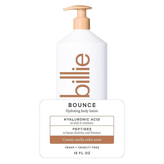 Billie Bounce Hydrating Women's Body Lotion, Vanilla Cedar Scent, with Hyaluronic Acid, 18 fl oz