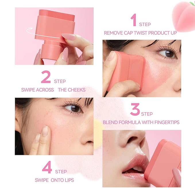 Multi-Purpose Makeup Hydrating Cream Blush Stick, Beauty Solid Moisturizer Stick For Cheek & Eyes & Lips,Waterproof Natural Moisture Smooth Blendable Matte Finish Face Blush Makeup (#01 Peach)