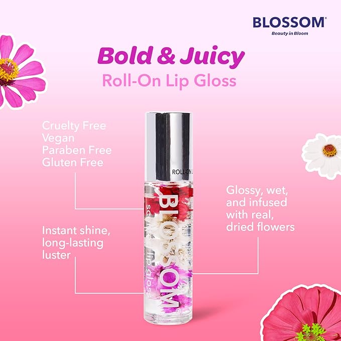 Blossom Scented Roll on Lip Gloss and Juicy Jelly Moisturizing Lip Care Nourishing Lip Oil, 2 Pack, Strawberry