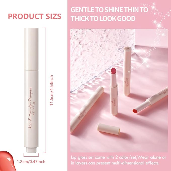 2 Colors Lip Plumper Gloss Moisturizing Lip Tint Stain Hydrating Lips Solid Serum Glossy Plumping Lip Gloss Long Lasting,Waterproof,Non Sticky (Set A)