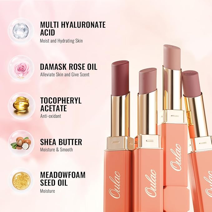 Oulac Pink Lipsticks for Women, Coral Nude Matte Lipstick, Full Coverage Lip Color, Satin Matte Finish, Cream Texture, Hydrating, Infused with Hyaluronic Acid, Vegan & Clean Beauty 4g SG06 Babe