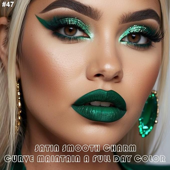 evpct 2Pcs Emerald Green Shimmer Glitte Liquid Lipstick Lip Gloss Stain and Retractable Lip Liner Makeup Set for Women Long Lasting Waterproof 24 Hours Lipstick labial mate larga duracion 24 47#