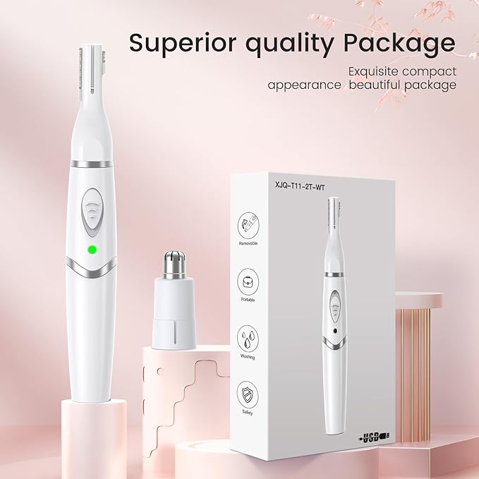 Nose Hair Trimmer for Women - 2 in 1 Professional Painless Eyebrow and Facial Hair Trimmer for Men and Women, USB Rechargeable Trimmer Double Edged Blades Easy to Clean, White