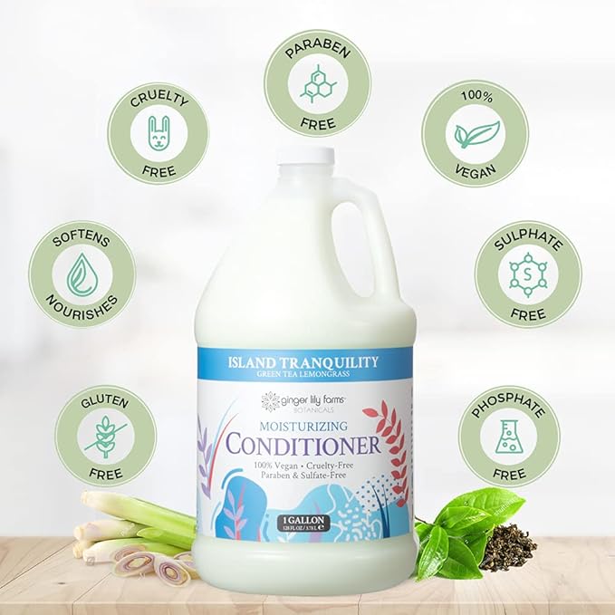 Ginger Lily Farms Botanicals Moisturizing Conditioner for Dry Hair, Island Tranquility, 100% Vegan & Cruelty-Free, Green Tea Lemongrass Scent, 1 Gallon Refill (Pack of 4)