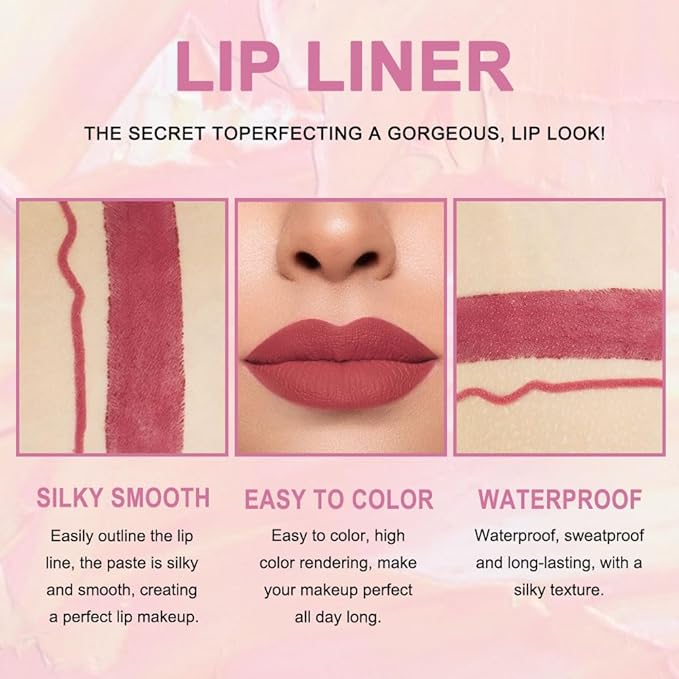 2-in-1 Mauve Red Lip Liner & Lipstick Set Kit for Women, Matte Lips Kit with Lip Liner Lip Stains Long Lasting Waterproof 24 Hour Lipstick and Lip Liners Combo Lipliners Pencil Set 13