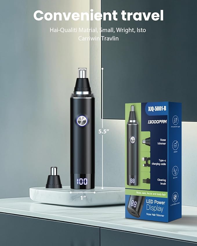Ear & Nose Hair Trimmer with LED Display for Men Women,Painless USB Rechargeable Eyebrow & Facial & Nose Hair Trimmer Clipper,Professional IPX7 Waterproof Dual Edge Blades 12500 RPM (Black)