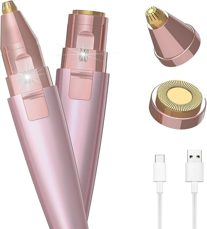 Eyebrow Razor & Facial Hair Removal for Women (2 in 1, USB Rechargeable), 100% Painless Hair Removal, Eyebrow Trimmer and Hair Remover Kit with Light for Eyebrow, Face Peach Fuzz, Lips, Body (Pink)