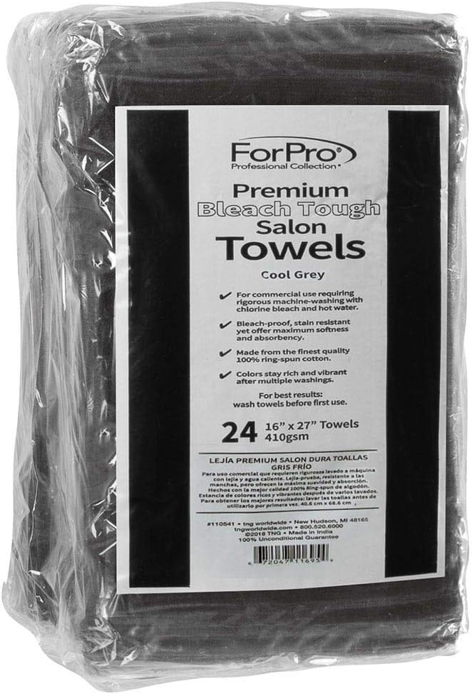 ForPro Professional Collection Premium Bleach Tough Salon Towels, Cool Grey, 100% Cotton, Bleach-Proof Towels, Stain Resistant, 16" W x 27" L, 24-Count